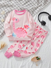 Young Girl Casual Cartoon Dinosaur Print Long Sleeve Shirt And Pants Set, Autumn/Winter